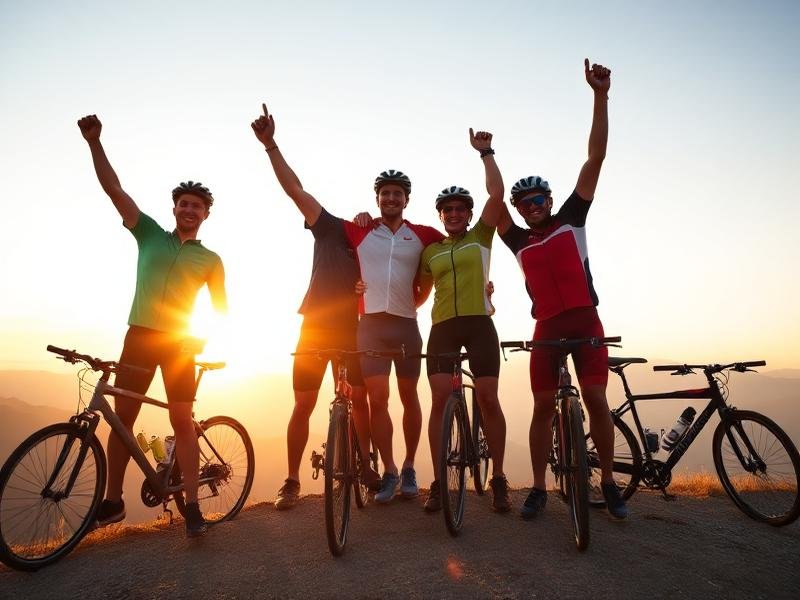 Grupo de ciclistas celebrando conquista